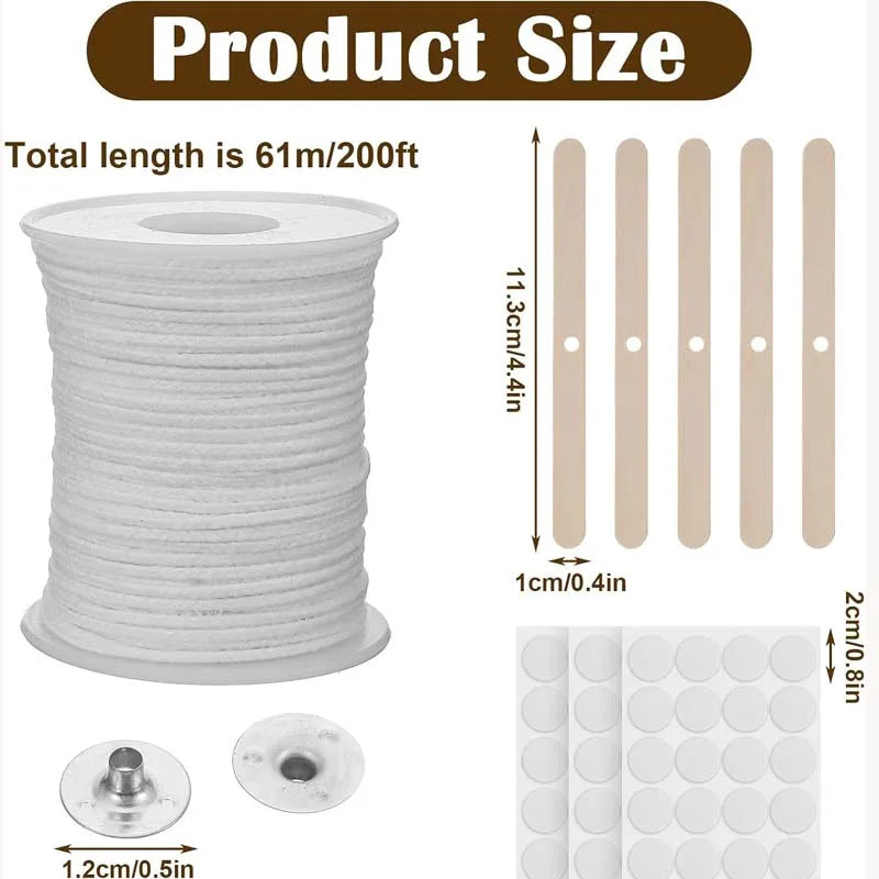Cotton Candle Wick Roll, 100Pcs Metal Sustainers 3Sheet Candle-Wick Stickers 5Pcs Wooden Candle-Wick Centering,Candle Making Kit Oasis Select