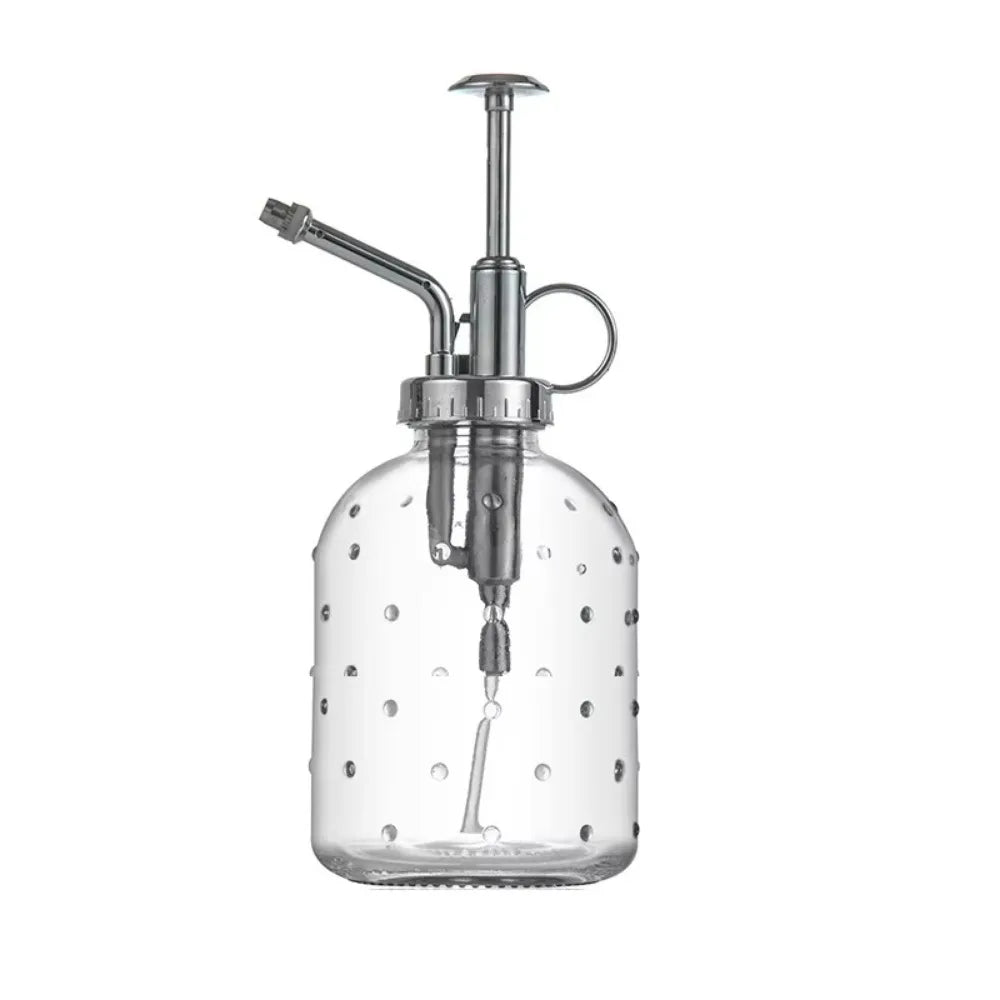 Push-type Glass Spray Bottle Rain Drop Hand Pressure Garden Watering Can Leak-proof Non-slip Bottom Clear Flower Sprayer Oasis Select Silver 350ml