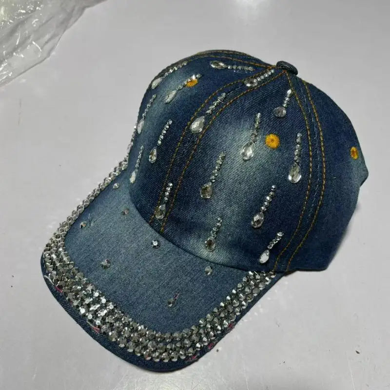 Sparkling Rhinestone Denim Baseball Cap for Women Bling Crystal Decor Adjustable Casual Outdoor Sun Hat Adjustable Cowboy Hat Oasis Select A4