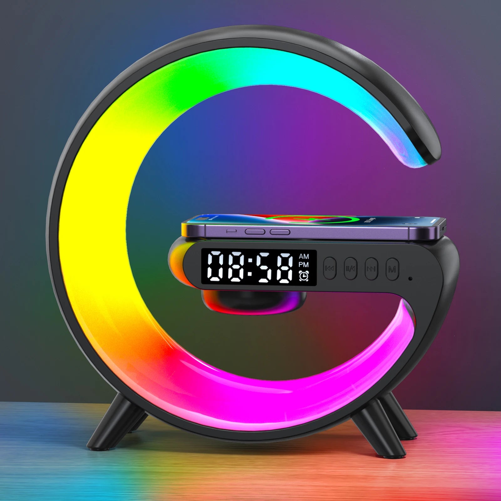 Small RGB Wireless Charger Smart Wireless Bluetooth Speakers Sunrise Alarm Clock & Wake Up Light 15W Fast Charging Dock Station Oasis Select black