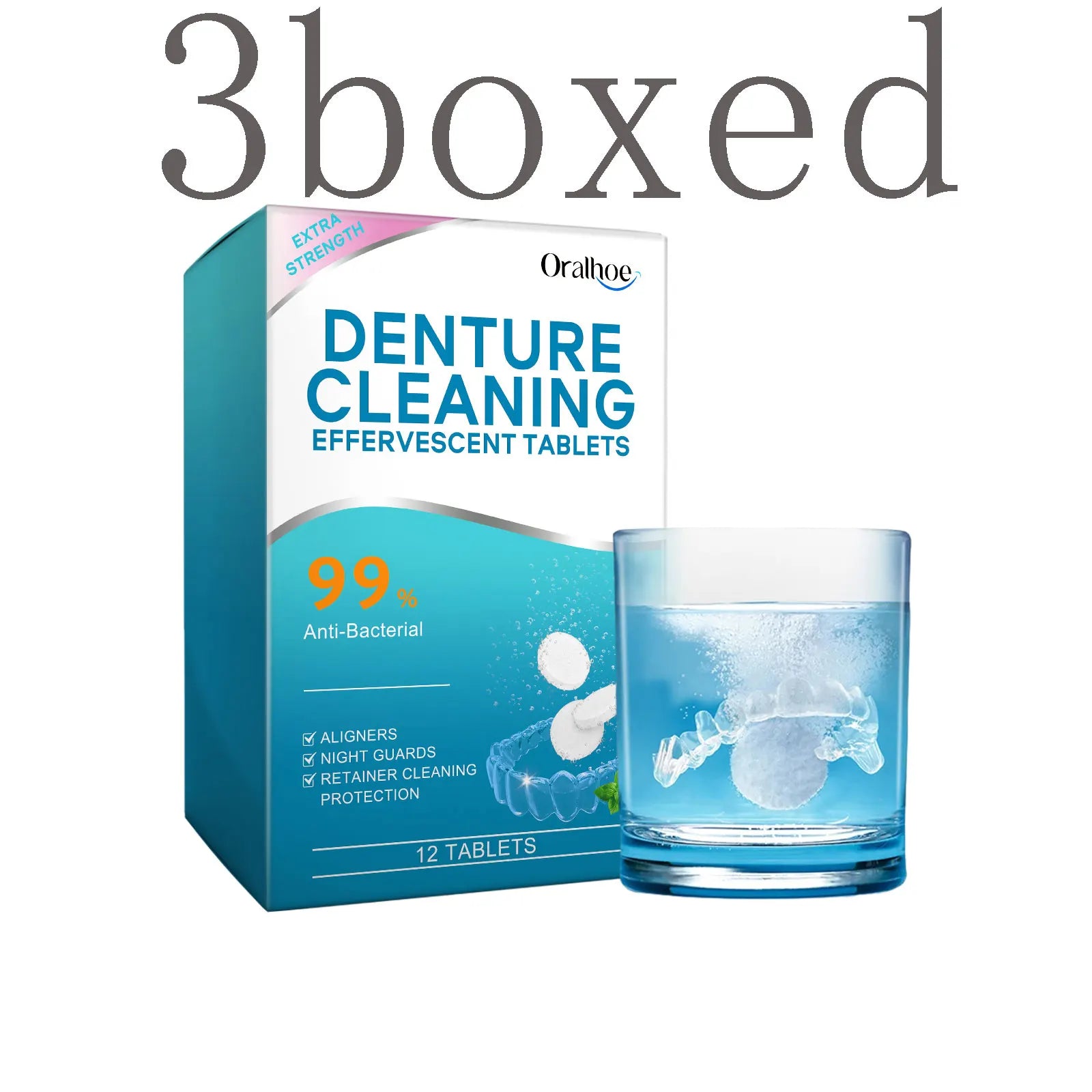 Denture Cleaning Effervescent Tablets, Gentle Cleaning, Stain Removal, Fresh Clean, Daily Portable Effervescent Tablets Oasis Select 3boxed