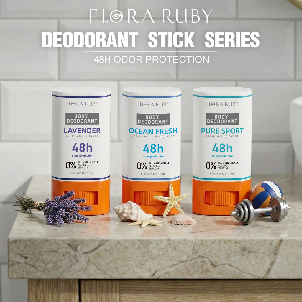 Flora Ruby 3-Pack Aluminum-Free Deodorant Sticks (15g Each) - 48H Odor Protection, Compact & Travel-Friendly Oasis Select