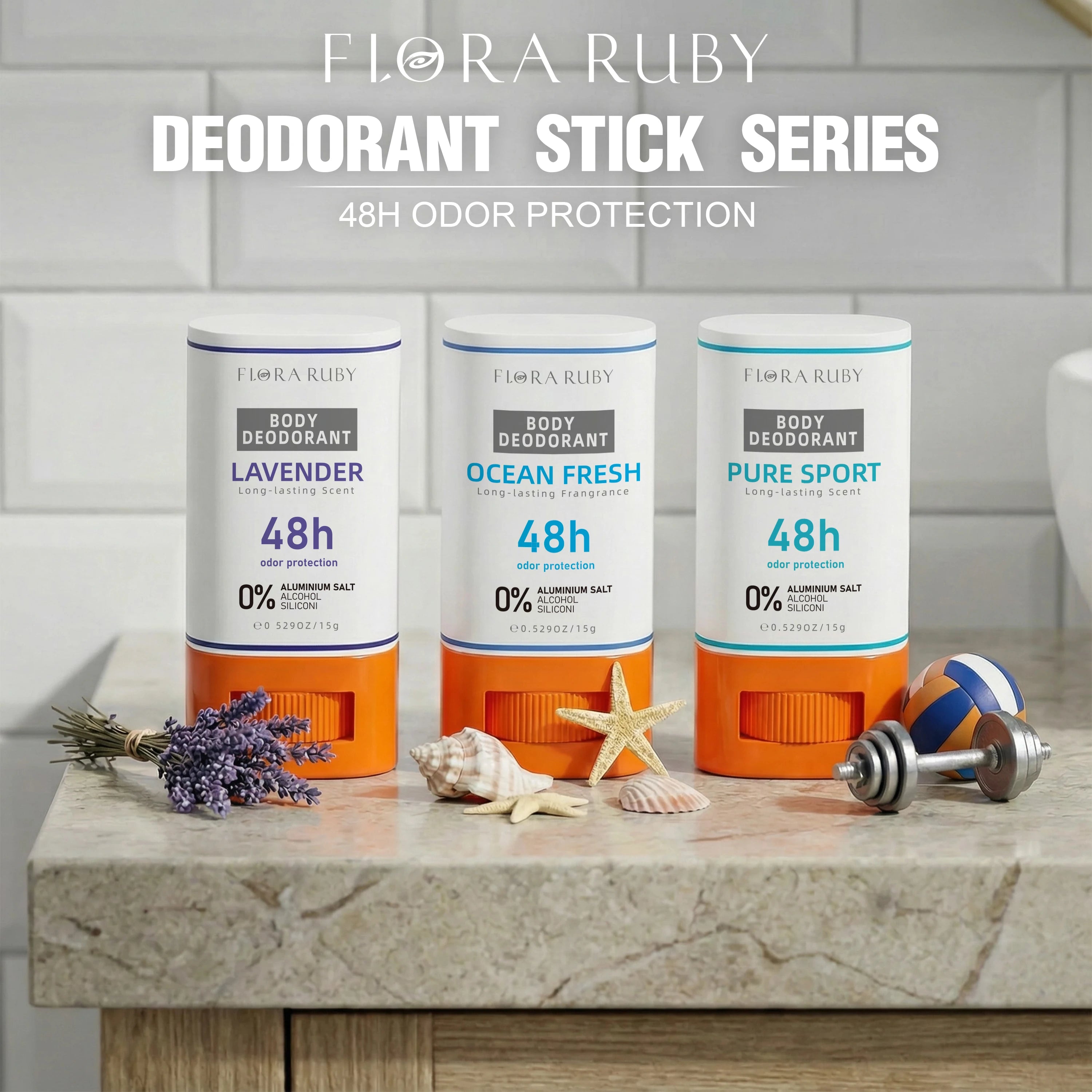 Flora Ruby 3-Pack Aluminum-Free Deodorant Sticks (15g Each) - 48H Odor Protection, Compact & Travel-Friendly Oasis Select