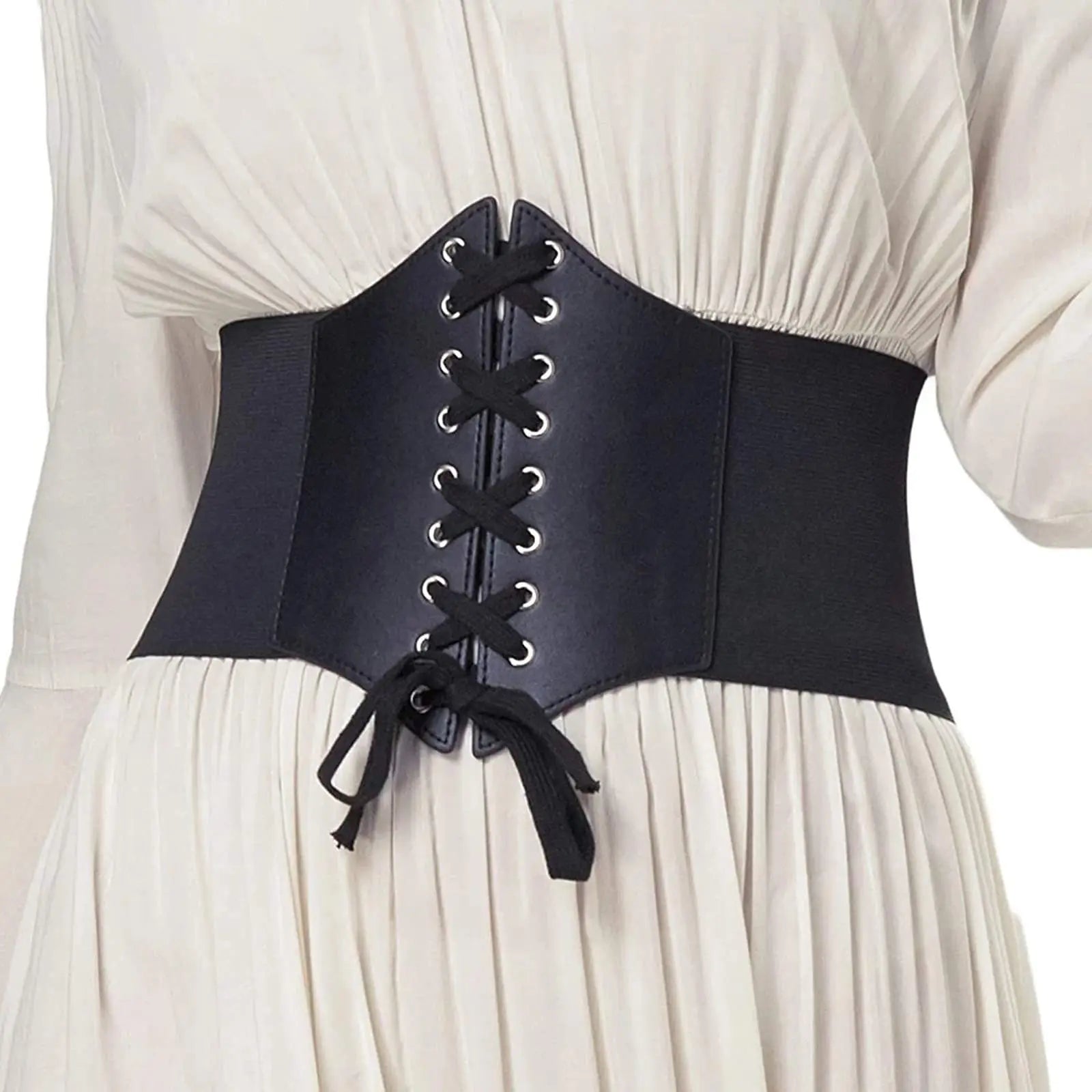New High Elastic Lace-up Corset Women Black Retro Punk PU Slimming Wide Belt For Womens Fashion Gothic High Waisted Belt Oasis Select YF001-Black
