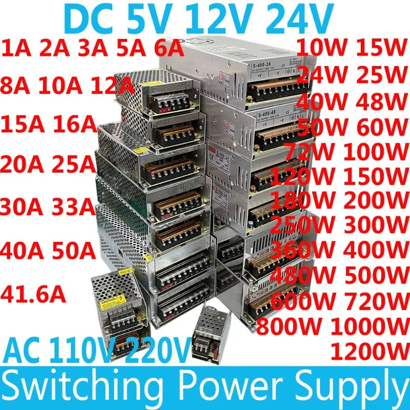 Switching Power Supply AC 110V 220V To DC 12 Volt 5V 24V 5A 10A 15A 20A 25A 30A 50A 500W 600W Led Strip Lights Transformers SMPS Oasis Select AC 110V 220V 12V2A 25W