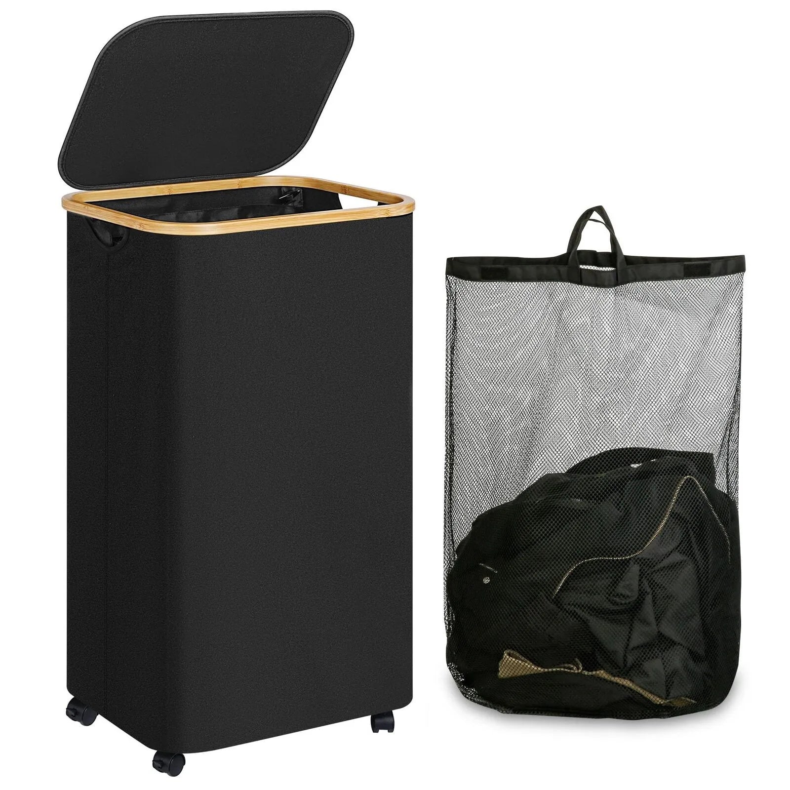 110L Rolling Laundry Basket – Slim Folding Hamper on Wheels Rolling Laundry Hamper Oasis Select Black One Size