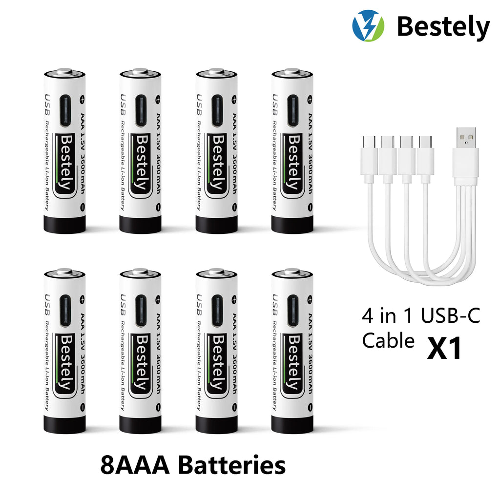 AAA Battery Rechargeable Li-Ion 1.5V 3600mAh 2000 Cycles USB-C Fast Charging Long-Lasting with free USB- C Cable Oasis Select 8 pcs Batteries