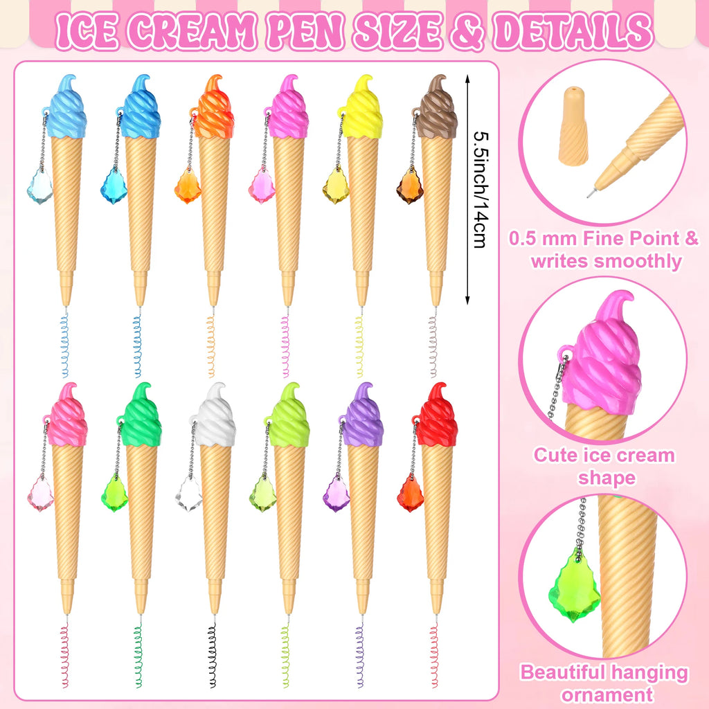 48Pc Ice Cream Cone Pens with Sticky Notes Ice Cream Party Supplies Kit Assorted Summer Fruit Popsicle Stick Back to School Gift Oasis Select