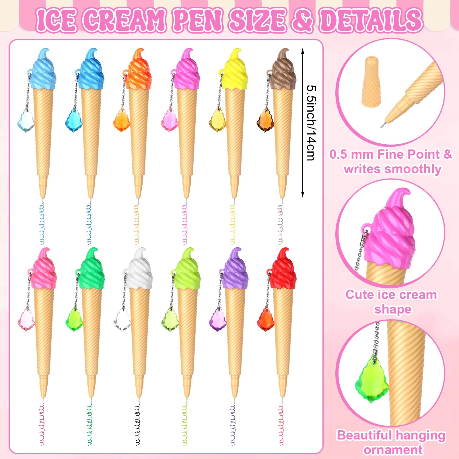 48Pc Ice Cream Cone Pens with Sticky Notes Ice Cream Party Supplies Kit Assorted Summer Fruit Popsicle Stick Back to School Gift Oasis Select