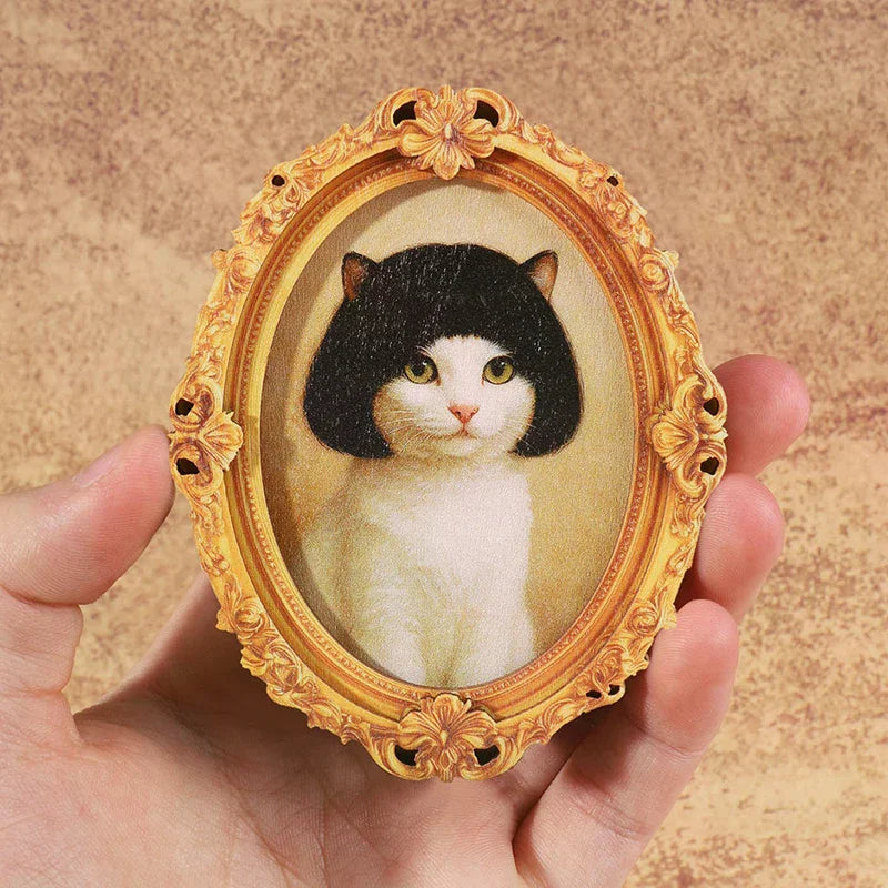 1Pc Mini Oval Retro Wooden Photo Frame Fridge Magnet Funny Cat & Haircut Modern Kitchen Decor Durable Refrigerator Ornament Oasis Select
