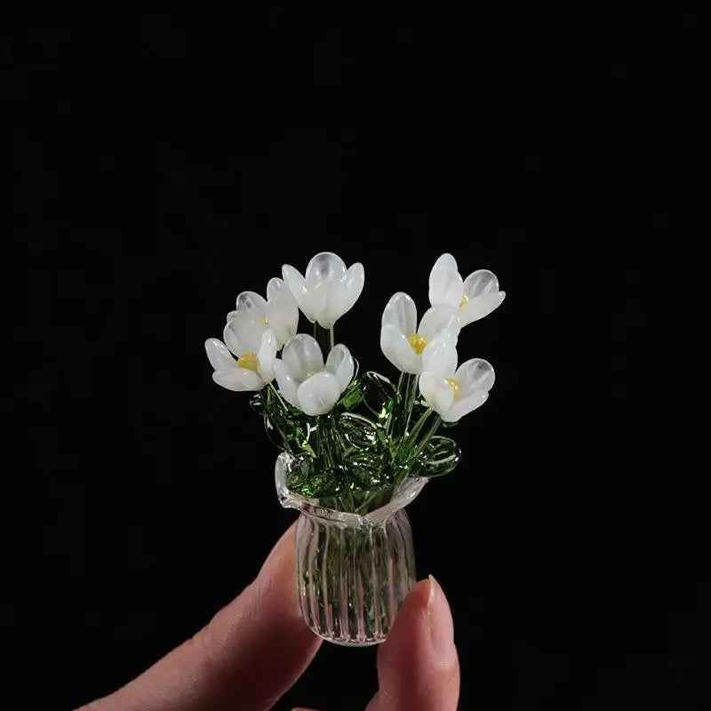 6/7Pcs Mini Lifelike Glass Flowers Simulation Flowers Handcrafted Floral Sculpture Floral Bouquet With Vase Home Decoration Gift Oasis Select A6