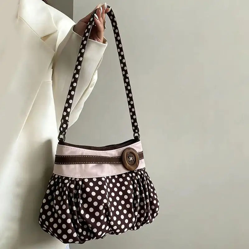 Retro Polka Dot Underarm Bag Cute Pleated Cloud Bag Wooden Button-decor Handbag Casual And Versatile Commuter Shoulder Bag Oasis Select