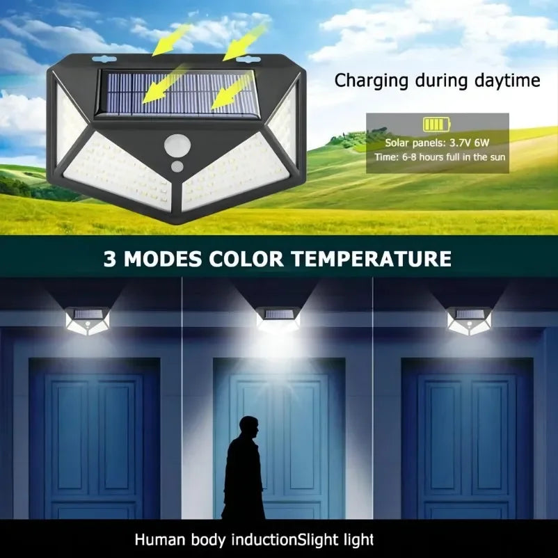 1~12PCS 100 LED Solar Wall Lamp 4 Sides Luminous With Motion Sensor Outdoor Garden Courtyard Waterproof Wall Light Oasis Select