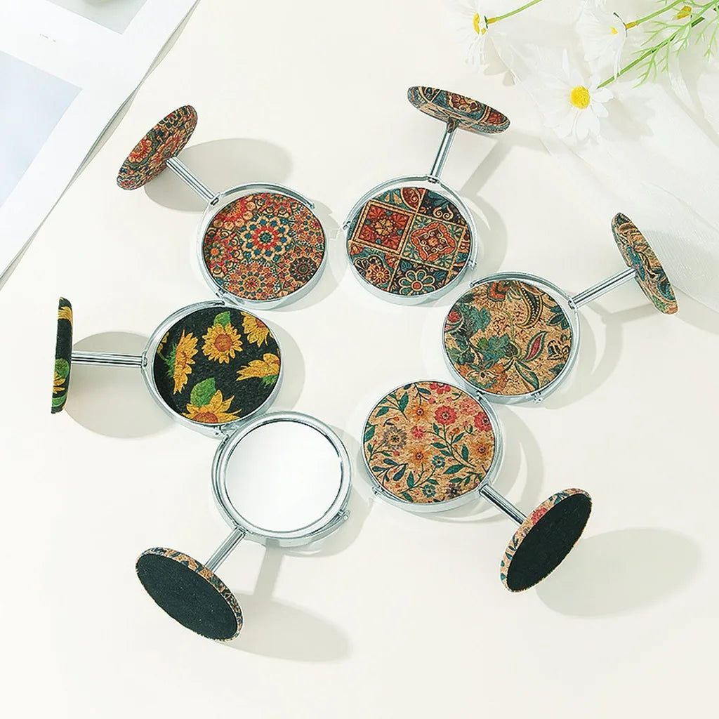 Retro Pattern Mirror Stable Round Metal Frame Mirror Foldable Cosmetic Mirror Decorative For Living Room Countertop Car Interior Oasis Select