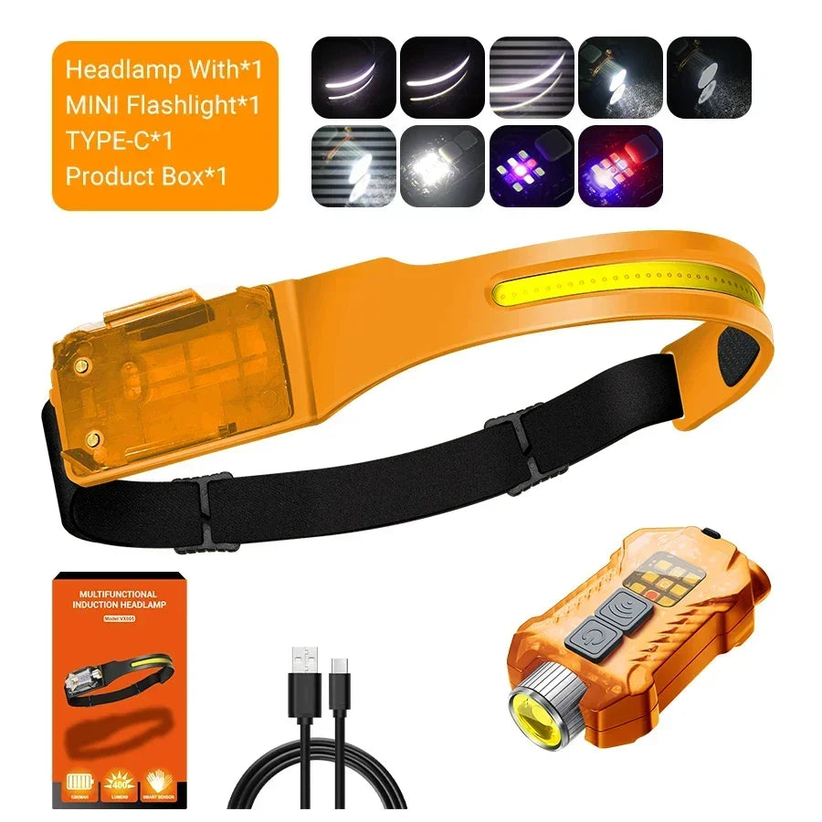 1500LM High Power LED Headlamp COB Head Flashlight With 7500Mah Built-in Battery USB Rechargeable Fishing Camping Lantern Torch Oasis Select XW005-orange