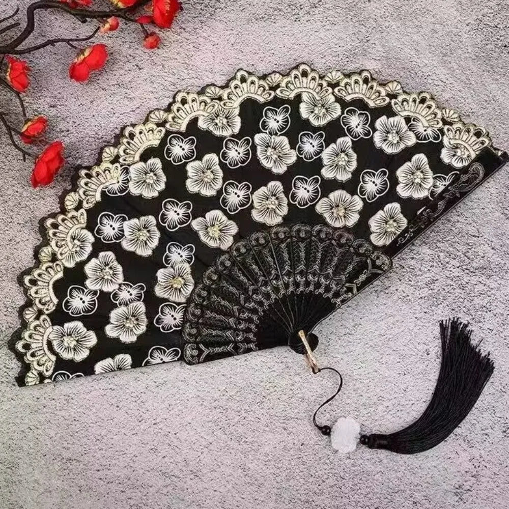 Chinese Folding Fan – Flower Pattern Hanfu Fan with Tassel