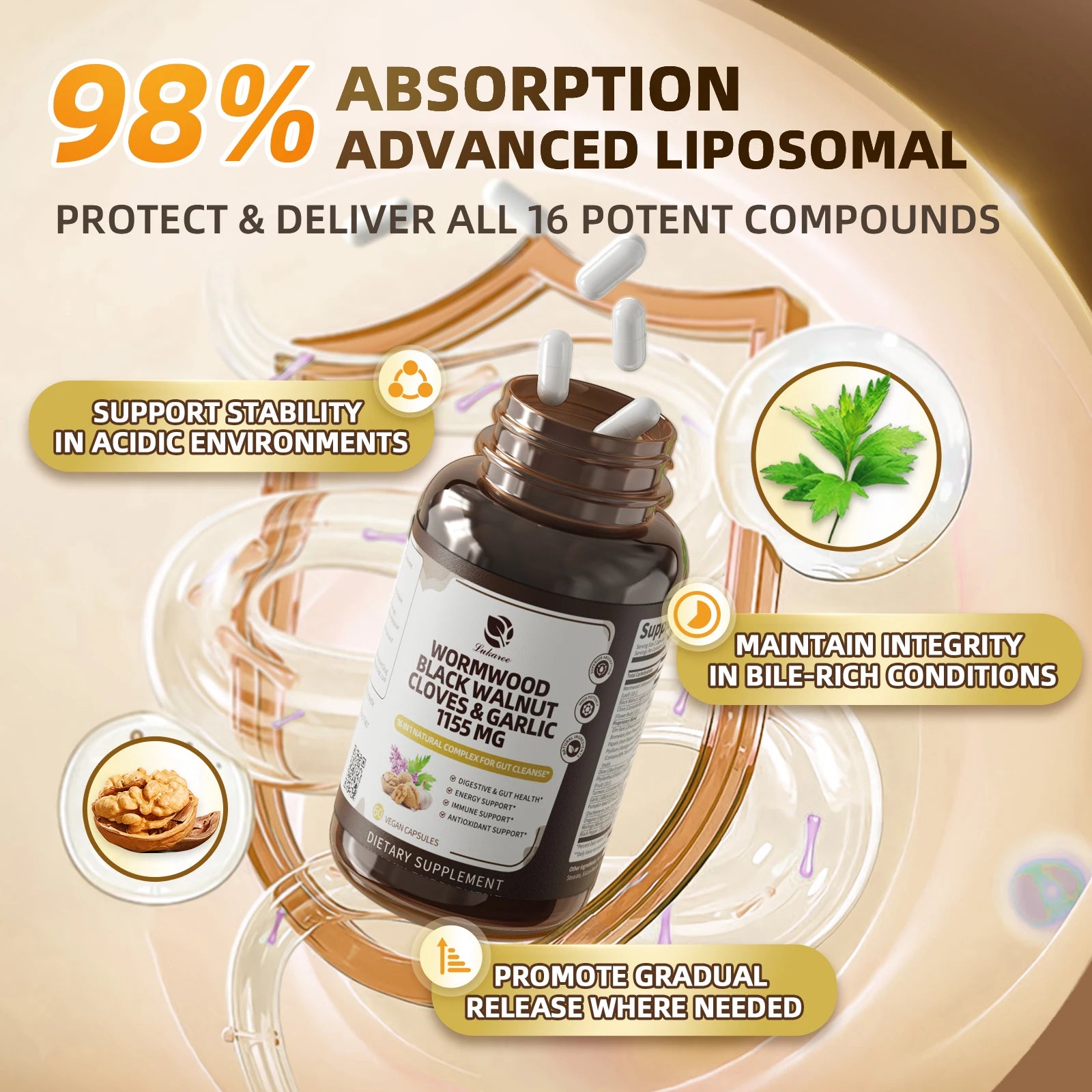 Lukaree 16-in-1 Black Walnut Wormwood Capsules,Rapid Gut Cleanse&Digestive Health with Clove Garlic Turmeric,Liposomal Delivery Oasis Select