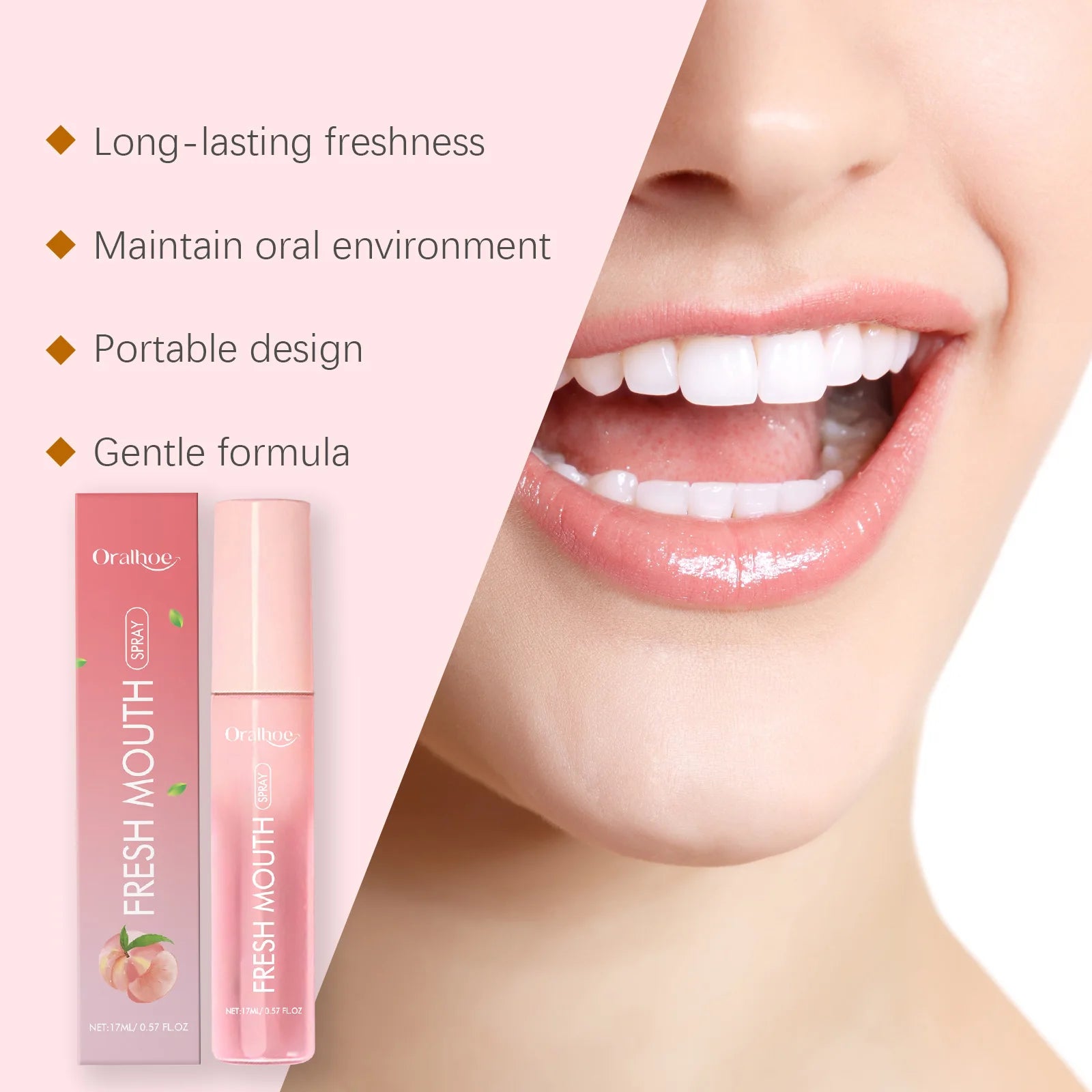 Probiotic Breath Freshener Spray Peach Mint Flavor Remove Oral Odor Instant Refreshing Mouth Adult Travel-Sized Oral Fresh Spray Oasis Select