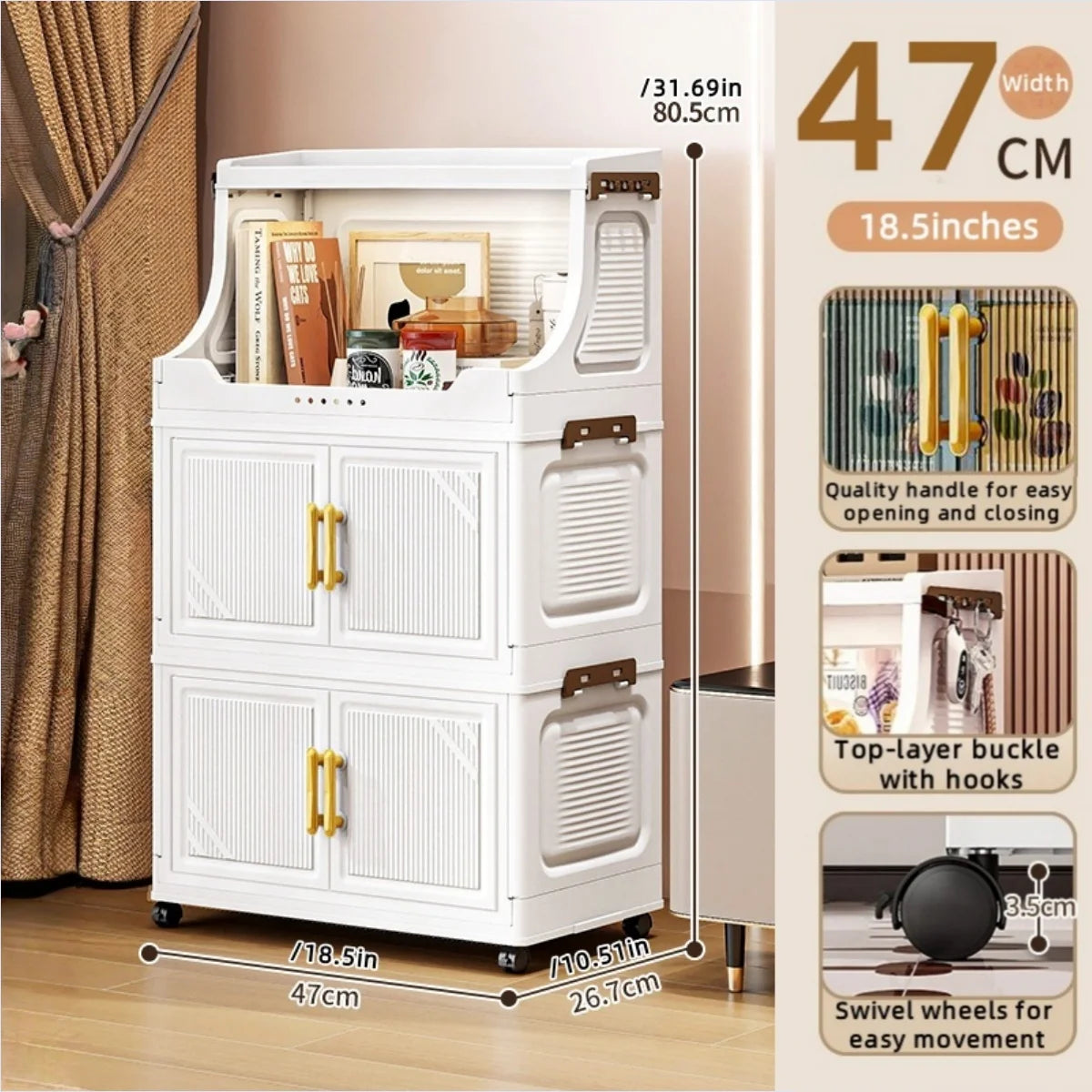 Large Foldable Flip-Top Transparent Storage Cabinet with Wheels - Space-Saving Mobile Organizer for Kitchen Bedroom Living Room Oasis Select 3 Tiers White