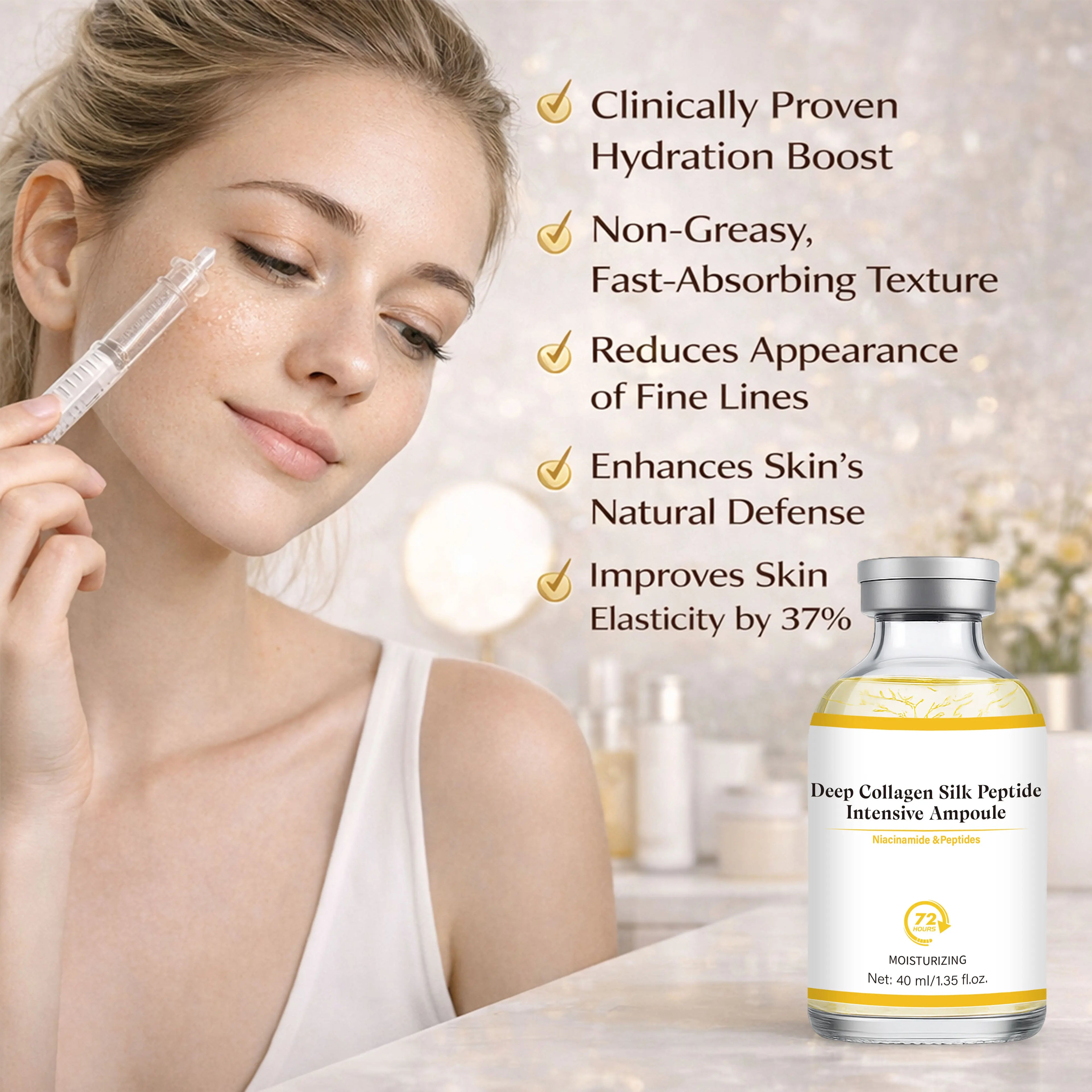 Deep Collagen Silk Peptide Intensive Ampoule Face-Lift Serum with Peptides & Deep Collagen Plumping, Smooth, Korean Skincare Oasis Select