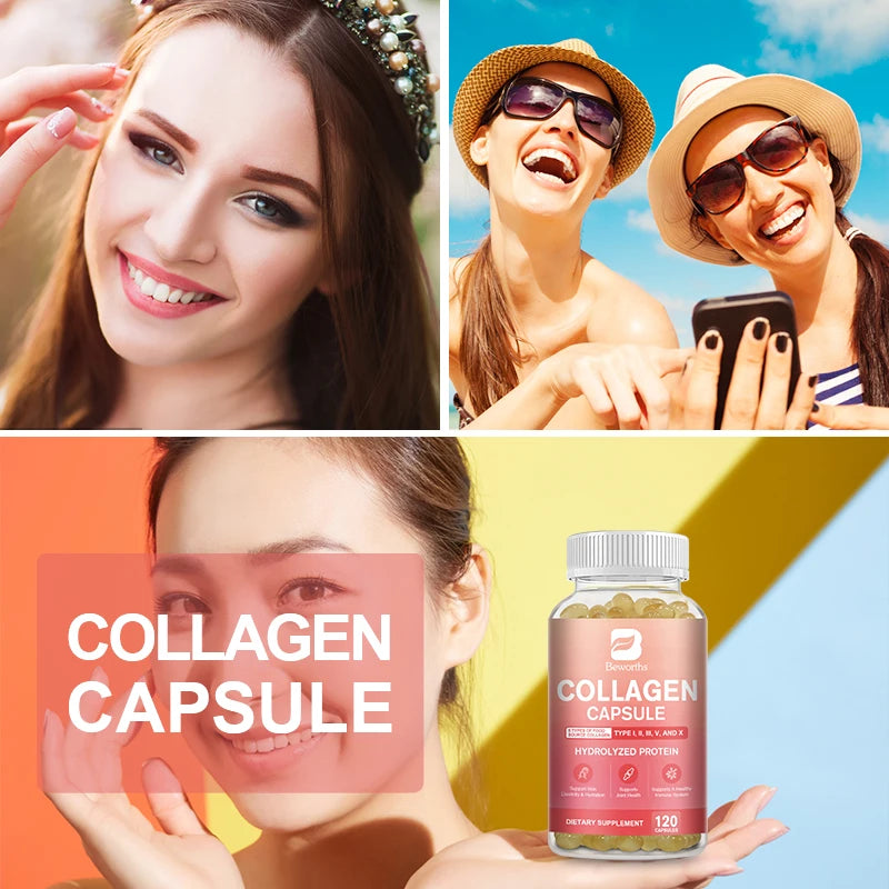 BEWORTHS Collagen Capsules Type I, II, III, V & X Hydrolyzes Protein Collagen Peptides Immune System and Skin, Joint Health Oasis Select