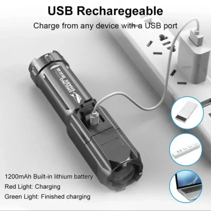 High Power LED Flashlight USB Rechargeable Torch Portable Zoomable Camping Light 3 Lighting Modes Use High Strength ABS Material Oasis Select