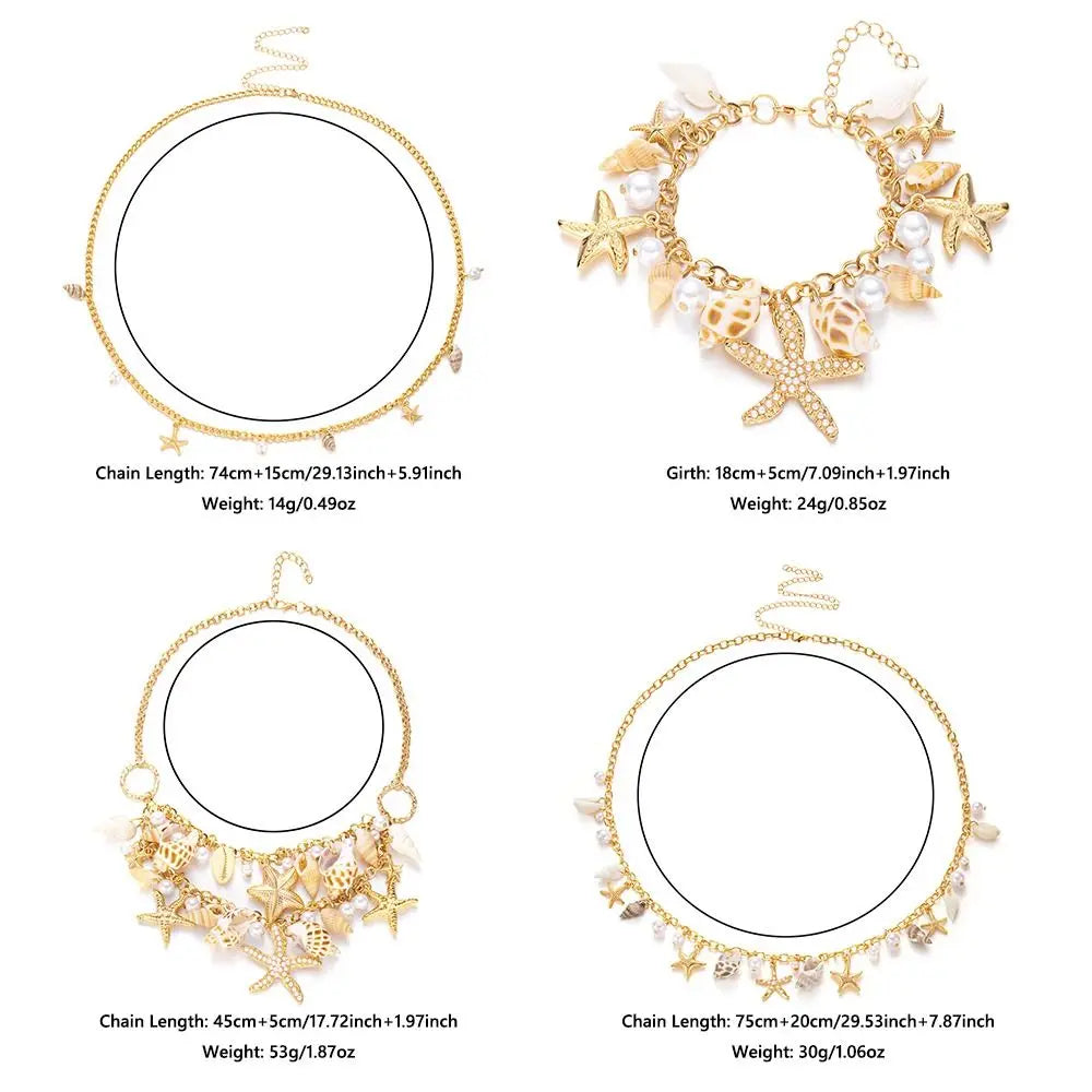 Vacation Bohemian Starfish Necklace Exaggerate Tassel Pendant Waist Chain Pearl Conch Shell Bracelet for Women Oasis Select