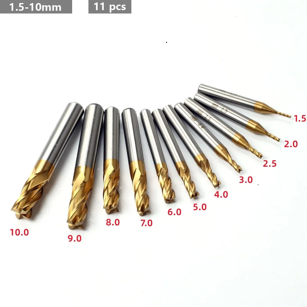 4 Flute Mill HSS Titanium End Mill Set 7/11 Pieces 1.5-1.0 mm CNC Milling Cutter for Wood Metal Steel Milling Oasis Select