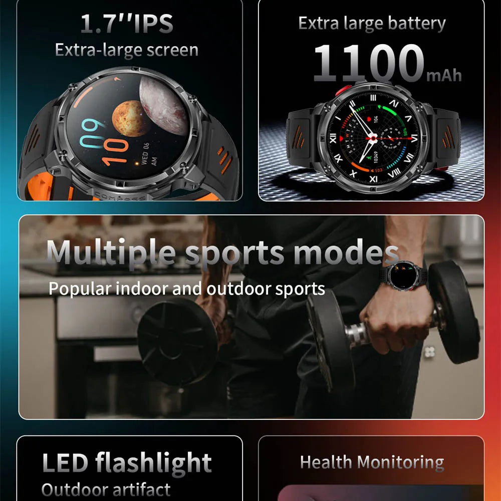 Smartwatch 1.7-inch 1100mAh Battery Outdoor Smart Watch Men Women LED Flashlight BT Call Sport Compass Health Monitor Waterproof Oasis Select