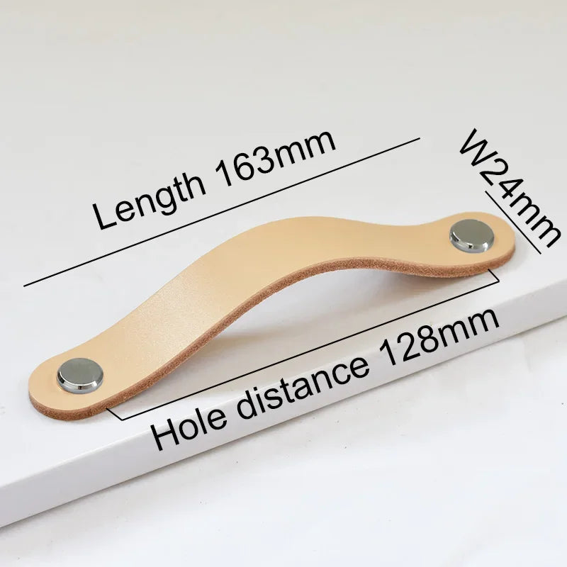 Nordic Style Leather Cabinet Handles for Furniture Cupboard Closet Wardrobe Kitchen Knobs Vintage Drawer Door Pulls Oasis Select 128mmKhak-Chrome