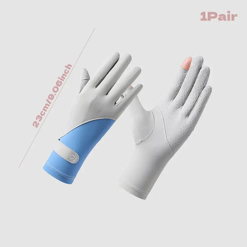 Summer Sunscreen Gloves Women Thin Ice Silk Anti-ultraviolet Dew Finger Touch Screen Driving Riding Non-slip Breathable Gloves Oasis Select Blue