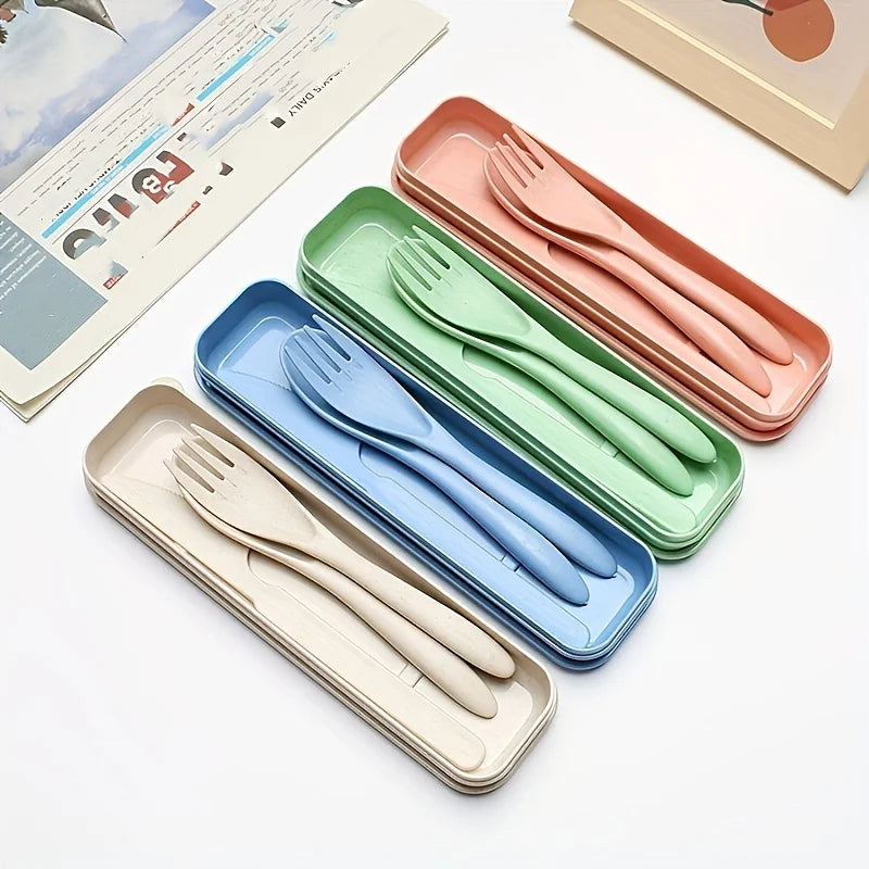 3pcs Outdoor Travel Knife, Fork, and Spoon Cutlery Set with Storage Box, Reusable Lightweight Utensils for Travel, Work, School Oasis Select
