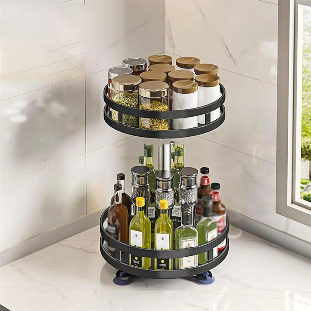 360° Rotation Carbon Steel Spice Rack Organizer Non-Skid Kitchen Storage Tray for Seasonings And Cans - Efficient Spice Oasis Select 2 layer