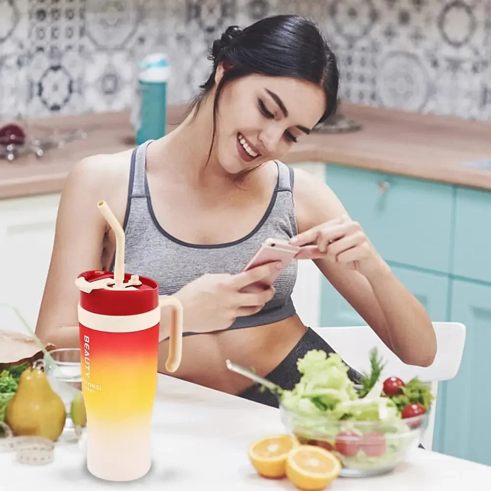 1200ml Large Capacity Gradient Frosted Sports Water Bottle Tumbler for Car Gym Outdoor Travel Reusable BPA Free Cup with Straw Oasis Select