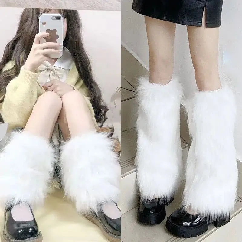 Gothic Punk Black White Imitation Wolf Fur Leg Warmers Y2k Winter Warm JK Furry Boots Socks Jk Knee-length Hiphop Stockings Oasis Select