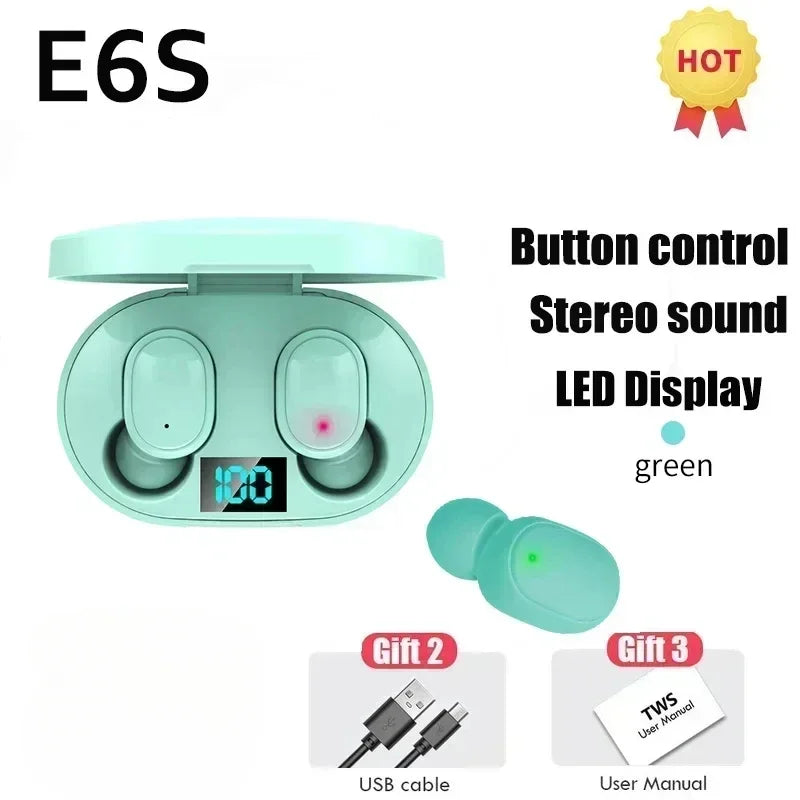 E6S Wireless Bluetooth Earphones TWS Bluetooth Headset Wireless Earbuds Noise Cancelling Earphones with Microphone Headphones Oasis Select green Earbuds