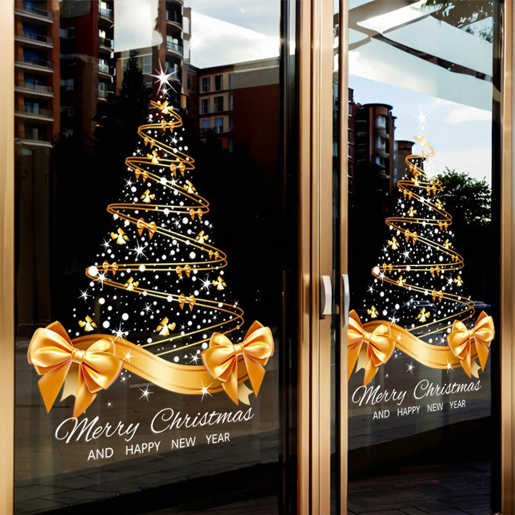 Christmas Window Clings 25.59x17.72 Inch Mural Pvc Double-Sided Golden Christmas Tree Window Clings for Glass for Holiday Home Oasis Select