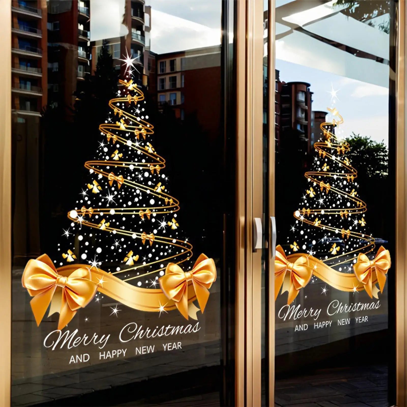 Christmas Window Clings 25.59x17.72 Inch Mural Pvc Double-Sided Golden Christmas Tree Window Clings for Glass for Holiday Home Oasis Select