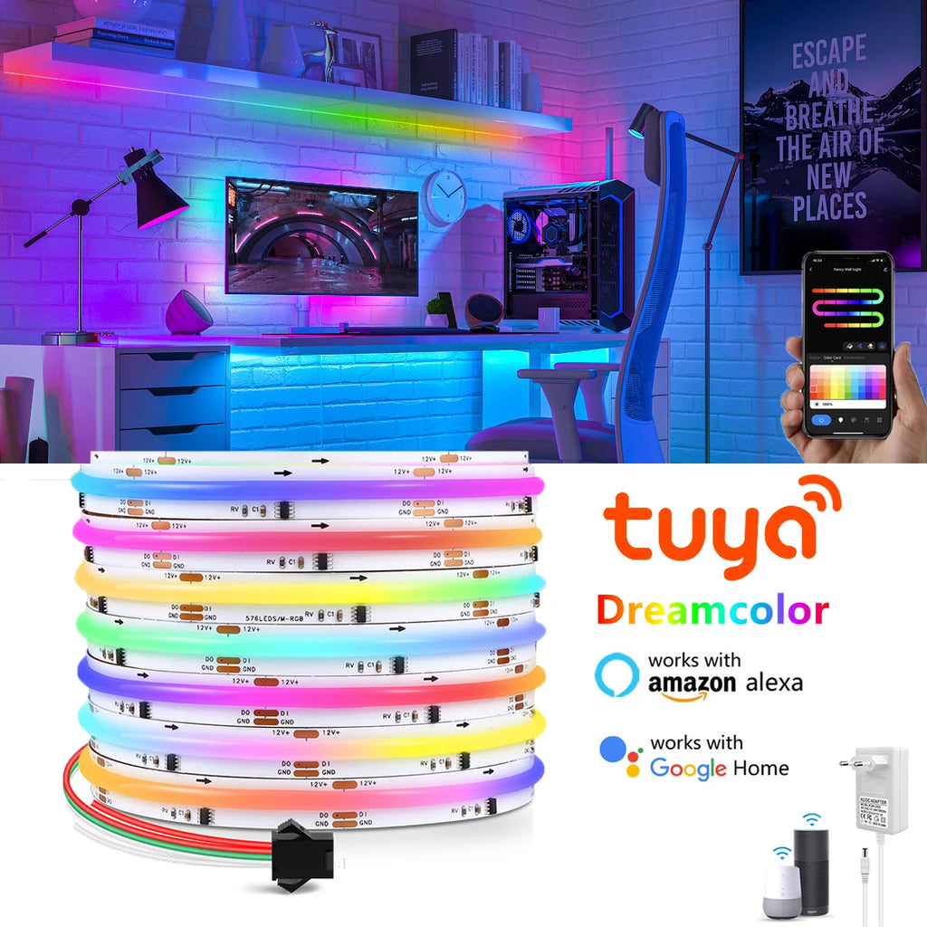 Tuya Lighting FCOB Esports decorative Light Strip WS2811 RGBIC Flexible High-density Chase uniform Lamp 12V 576LED/m DIY Control Oasis Select