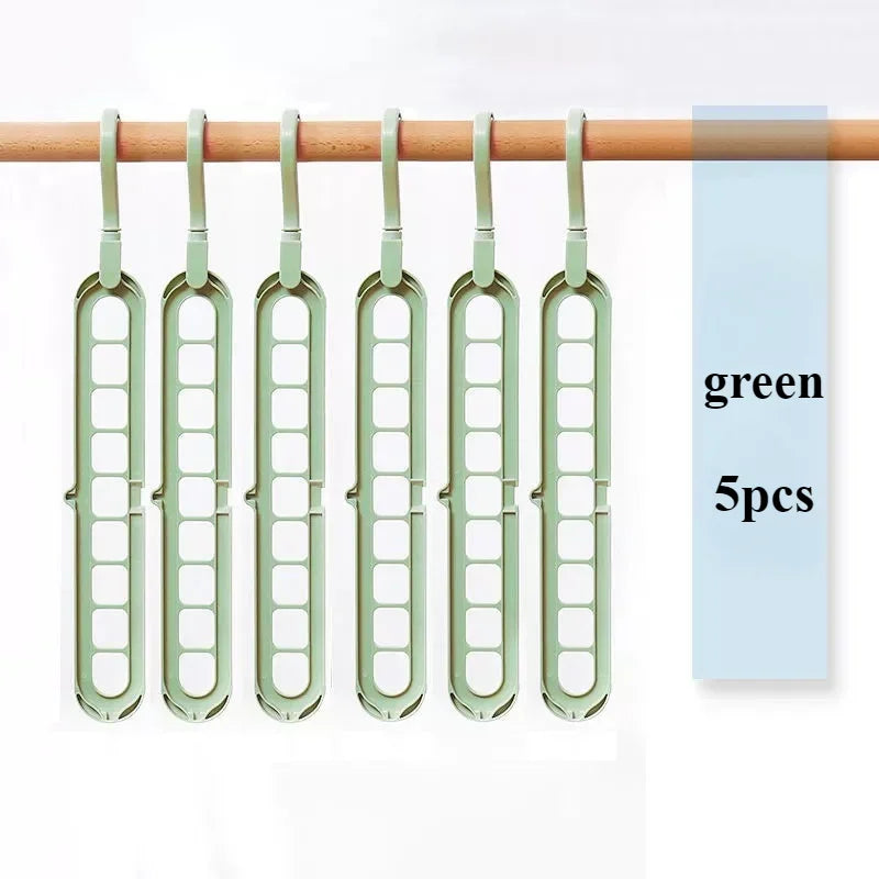 5pcs 9-hole Wardrobe Storage Rack Multifunctional Foldable Clothes Drying Rack Storage Clothes Rack Space-saving Clothes Hanger Oasis Select green 5