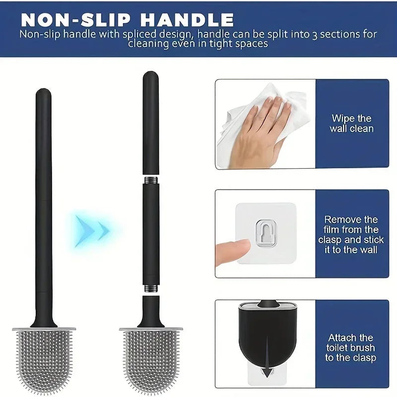 Silicone Toilet Brush Cleaning Brush Flat Head Flexible Wall Mounted Black Toilet Bowl Cleaner Brush Holder Set for WC Bathroom Oasis Select
