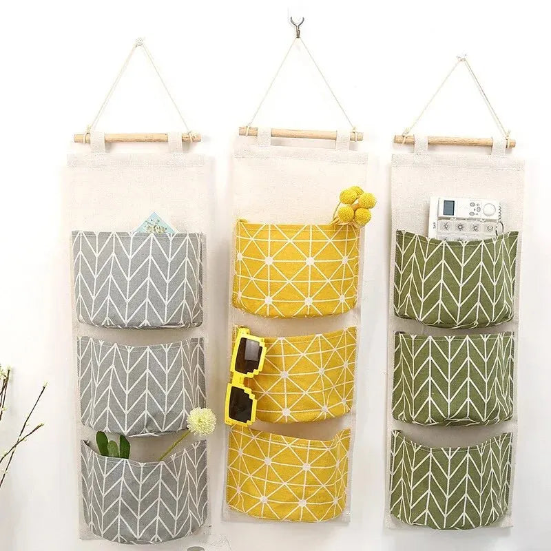 Cotton Linen Wall Hanging Storage Bag – 3-Pocket Organizer Wall Hanging Organizer Oasis Select