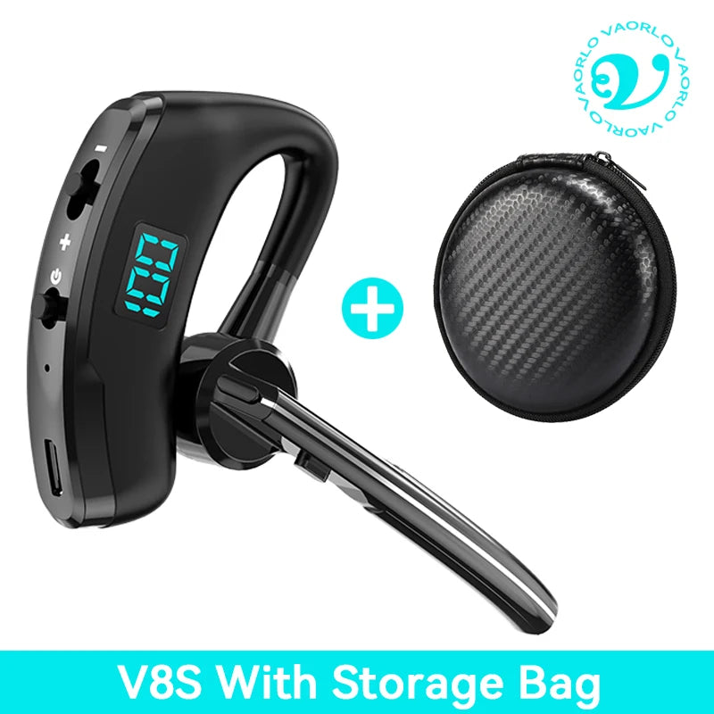 Bluetooth Business Earphones Talk/Music Time 20/30 Hours LED Digital Display With MlC Noice Cancelling Wireless Headset Oasis Select V8S Black With Bag