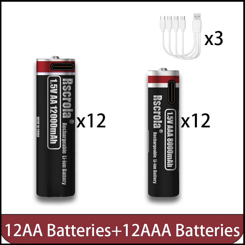 High Capacity 1.5V AA 12000mAh/AAA 8000mAh Rechargeable Lithium Battery Type-C Fast Charging for Remote control RC Mouse Toy Oasis Select 12AA 12AAA 1.5V