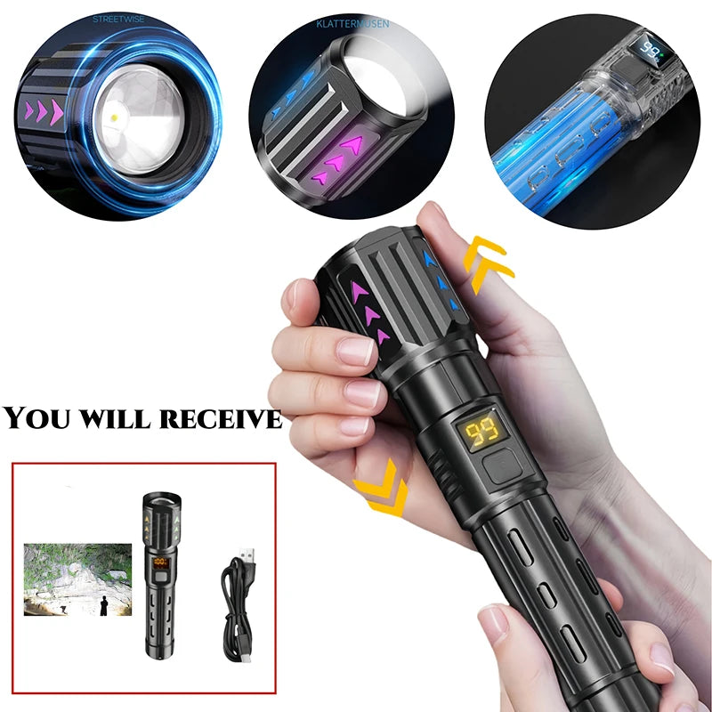 Most Powerful LED Flashlight Type-C USB Rechargeable Long Range Flashlights 3 Lighting Modes Telescopic Zoom Torch Oasis Select Include USB Charger