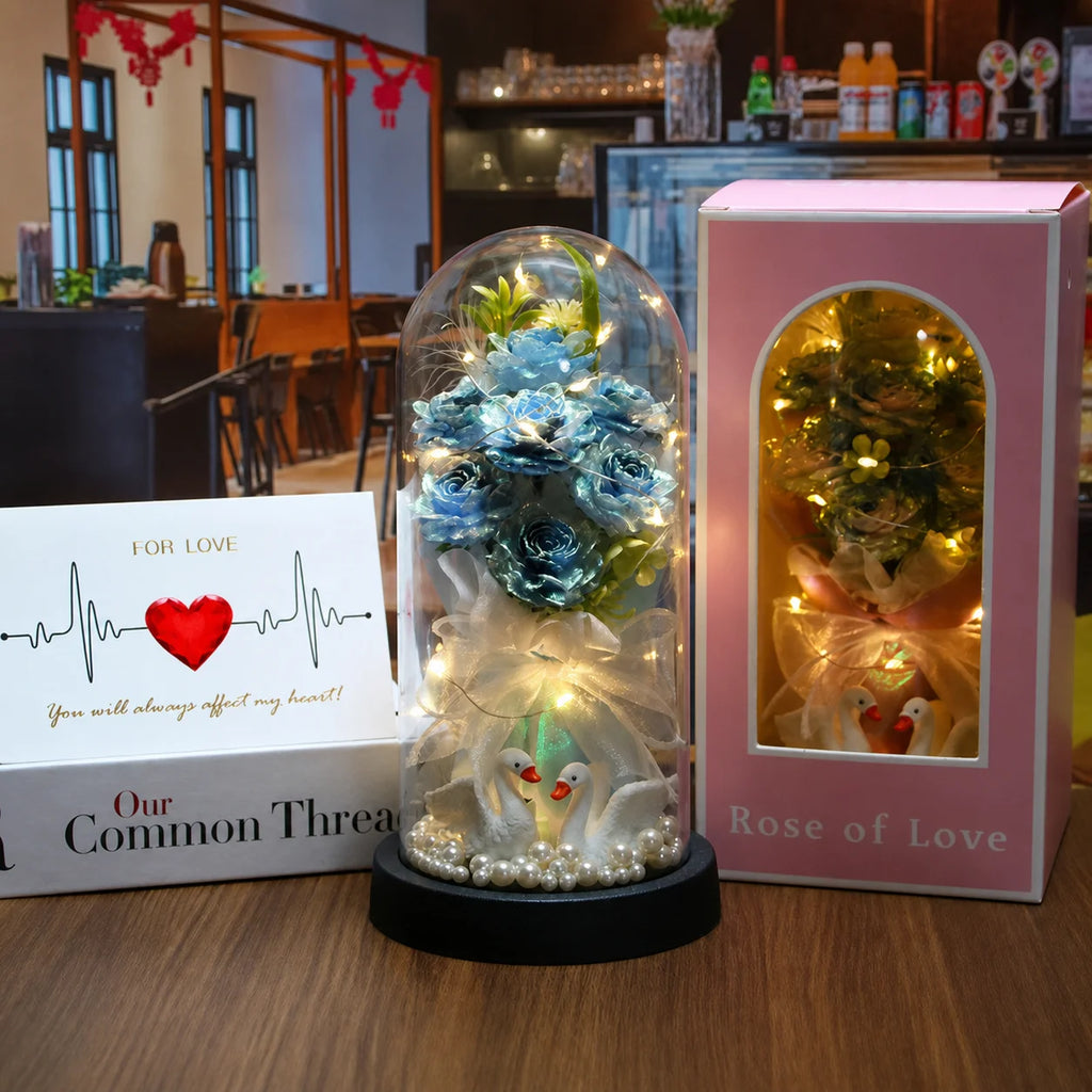 Glass Dome Ornament Handmade Decorative Flower Wreath Preserved Rose Bouquet Dust-Free Led Glowing Night Light For Valentine'S Oasis Select Bright Blue