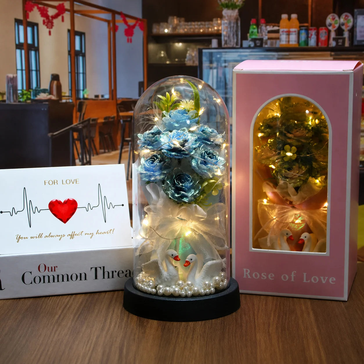 Glass Dome Ornament Handmade Decorative Flower Wreath Preserved Rose Bouquet Dust-Free Led Glowing Night Light For Valentine'S Oasis Select Bright Blue