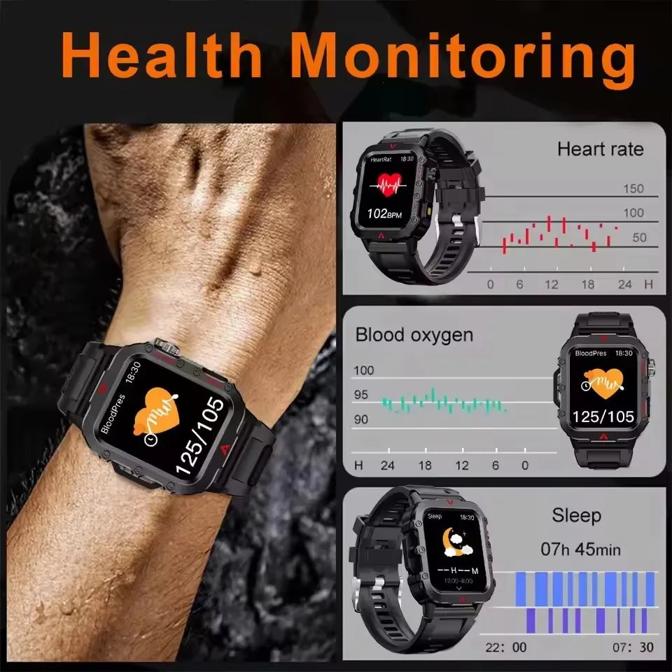Rugged Military Smartwatch – Bluetooth Call, AI Voice, IP68 Sport