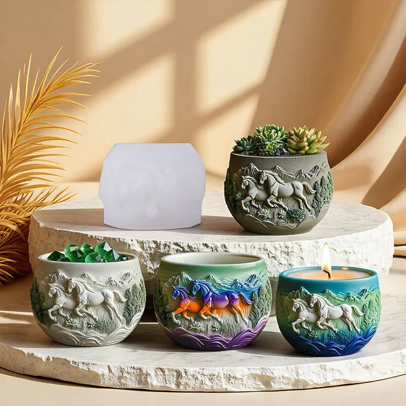 Running stallion relief succulent plant flowerpot resin silicone mold grassland warhorse storage box mould horse gypsum molds Oasis Select