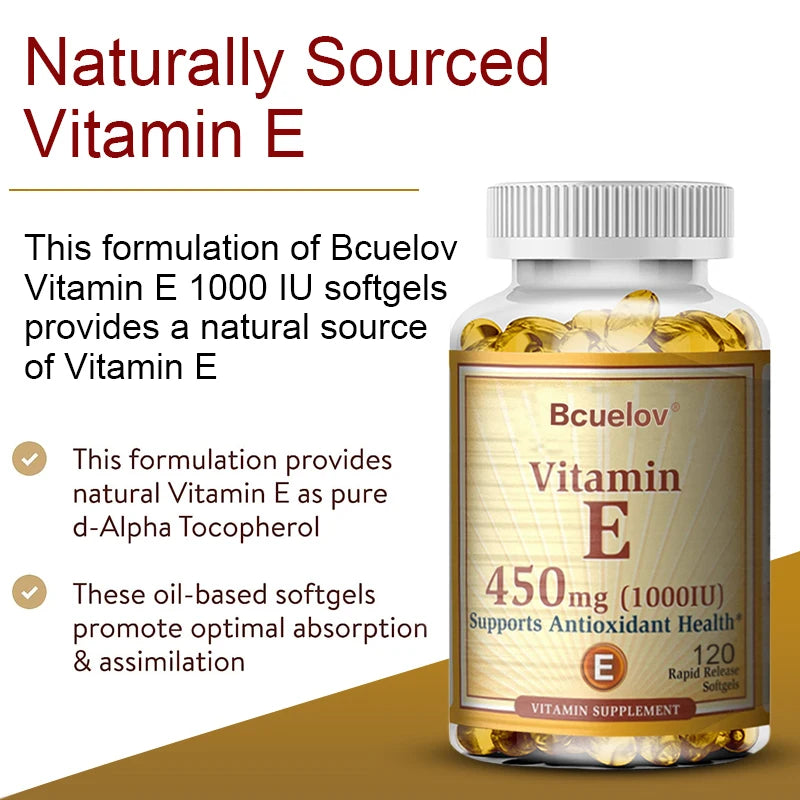 Bcuelov Vitamin E 1000 IU 450mg - for skin, hair, circulatory health, immune system support - antioxidant supplement Oasis Select